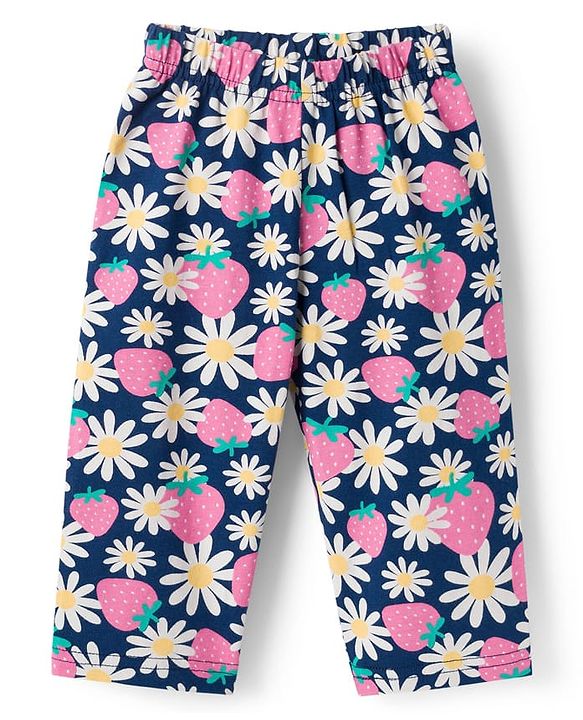 Babyhug Cotton Knit Full Sleeves Co-ords Night Suit With Floral Print - Navy Blue