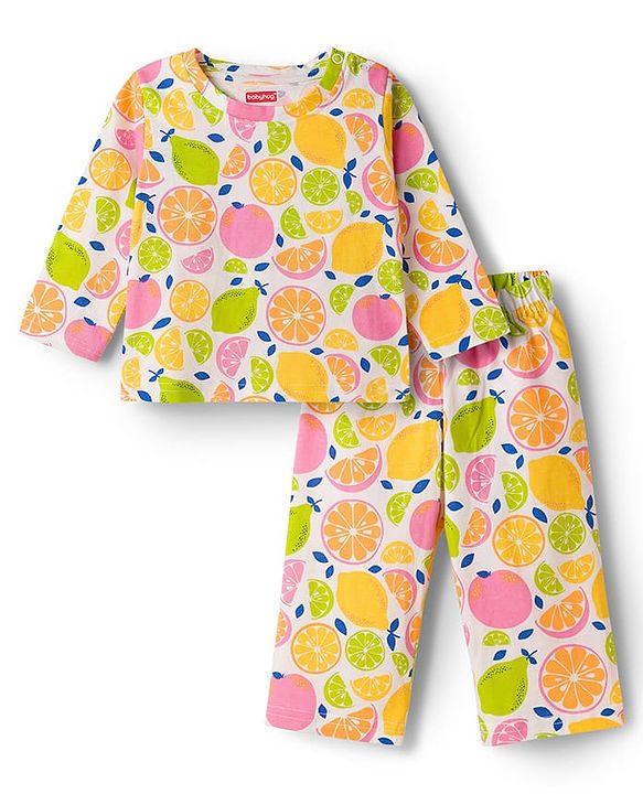 Babyhug Cotton Knit Half Sleeves Co-ords Night Suit With Tropical Theme Print - Yellow