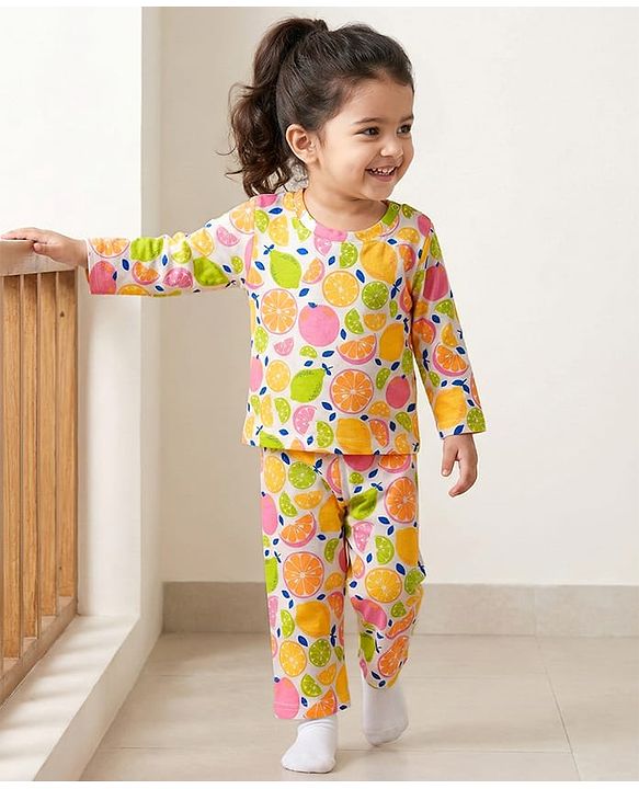 Babyhug Cotton Knit Half Sleeves Co-ords Night Suit With Tropical Theme Print - Yellow