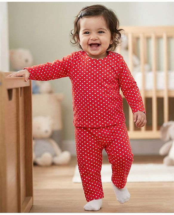 Babyhug Cotton Knit Full Sleeves Co-ords  Night Suit With Polka Dot Print - Red