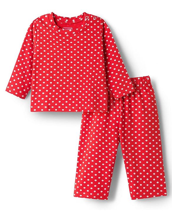 Babyhug Cotton Knit Full Sleeves Co-ords  Night Suit With Polka Dot Print - Red