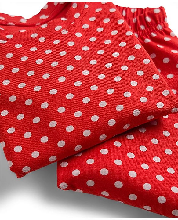 Babyhug Cotton Knit Full Sleeves Co-ords  Night Suit With Polka Dot Print - Red