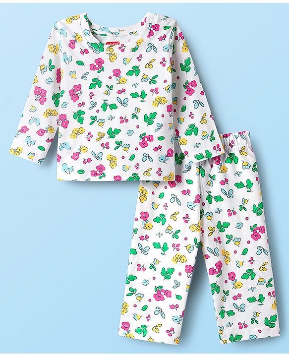 Babyhug Cotton Knit Full Sleeves Co-ords Night Suit With Floral Print - White