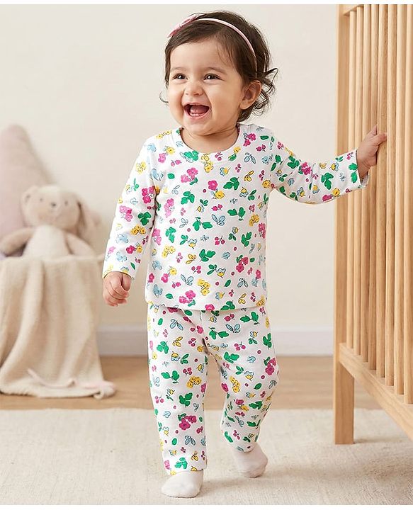 Babyhug Cotton Knit Full Sleeves Co-ords Night Suit With Floral Print - White