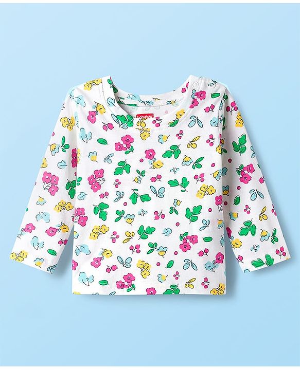 Babyhug Cotton Knit Full Sleeves Co-ords Night Suit With Floral Print - White