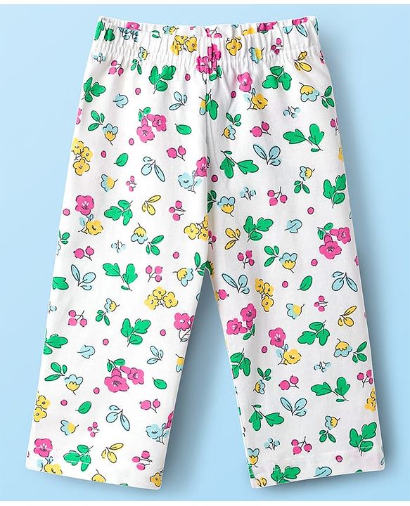 Babyhug Cotton Knit Full Sleeves Co-ords Night Suit With Floral Print - White