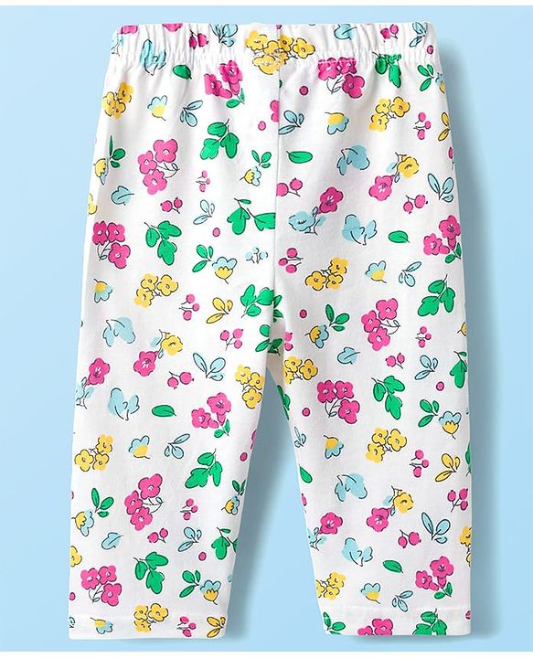 Babyhug Cotton Knit Full Sleeves Co-ords Night Suit With Floral Print - White