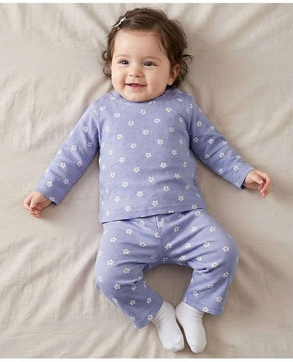 Babyhug Cotton Knit Full Sleeves Co-ords Night Suit With Floral Print - Lavender