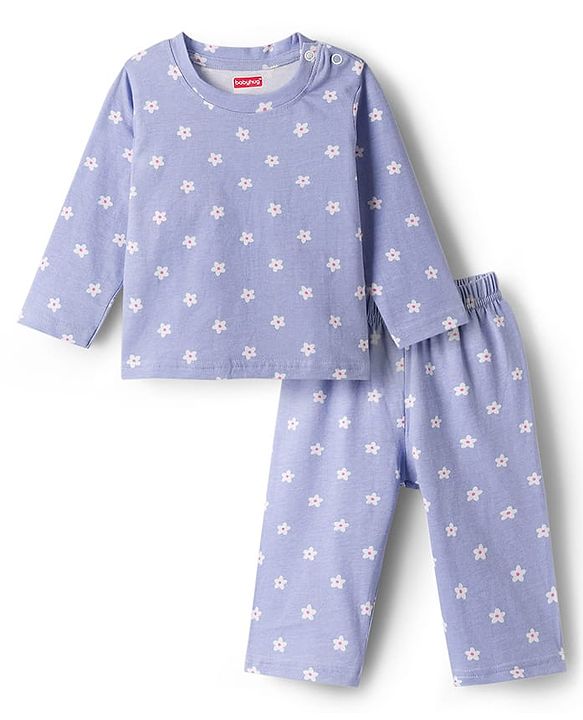 Babyhug Cotton Knit Full Sleeves Co-ords Night Suit With Floral Print - Lavender