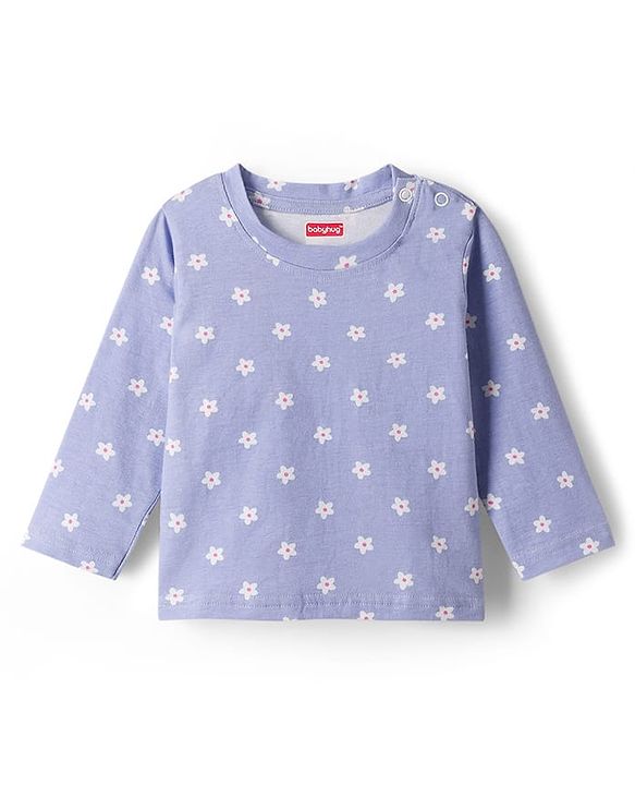 Babyhug Cotton Knit Full Sleeves Co-ords Night Suit With Floral Print - Lavender