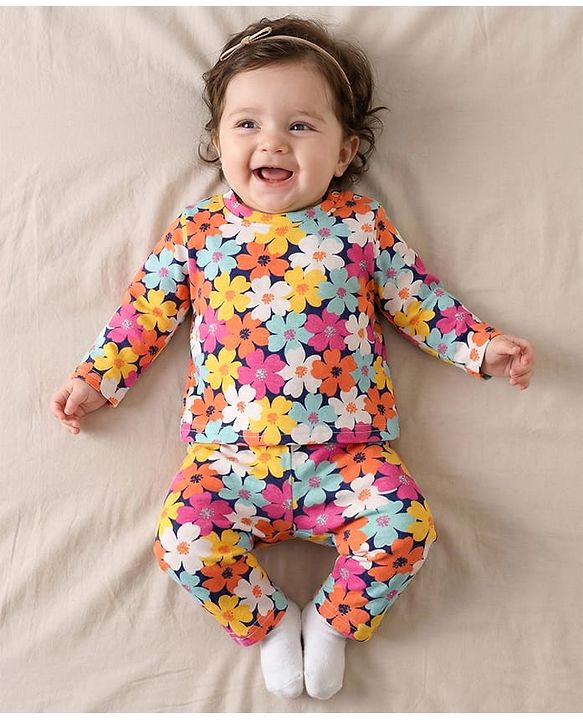 Babyhug Cotton Knit Full Sleeves Co-ords Night Suit With Floral Print - Multicolour