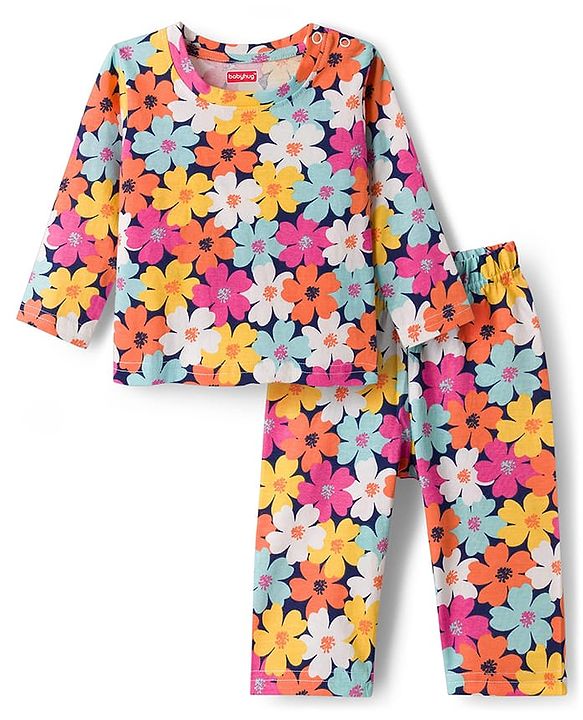 Babyhug Cotton Knit Full Sleeves Co-ords Night Suit With Floral Print - Multicolour