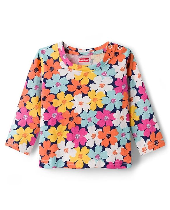 Babyhug Cotton Knit Full Sleeves Co-ords Night Suit With Floral Print - Multicolour