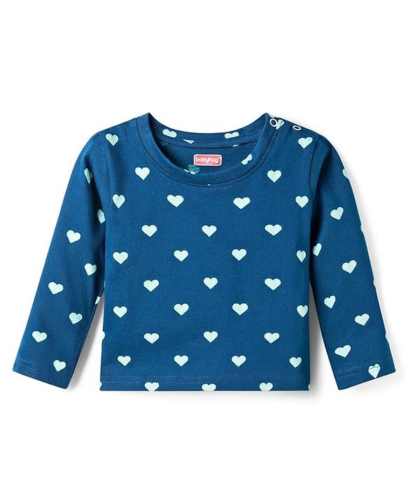 Babyhug Cotton Knit Full Sleeves T-Shirt & Pyjama Co-ord Night Suit With Heart Print - Blue