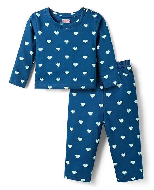 Babyhug Cotton Knit Full Sleeves T-Shirt & Pyjama Co-ord Night Suit With Heart Print - Blue