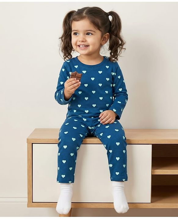 Babyhug Cotton Knit Full Sleeves T-Shirt & Pyjama Co-ord Night Suit With Heart Print - Blue