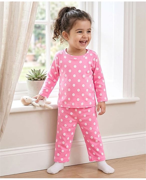 Babyhug Cotton Knit Full Sleeves T-Shirt & Pyjama Co-ord Night Suit With Polka Dot Print - Pink