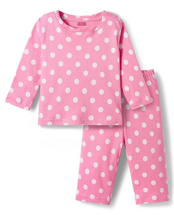 Babyhug Cotton Knit Full Sleeves T-Shirt & Pyjama Co-ord Night Suit With Polka Dot Print - Pink