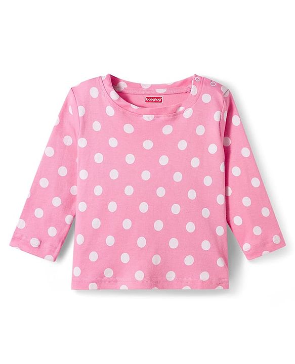 Babyhug Cotton Knit Full Sleeves T-Shirt & Pyjama Co-ord Night Suit With Polka Dot Print - Pink