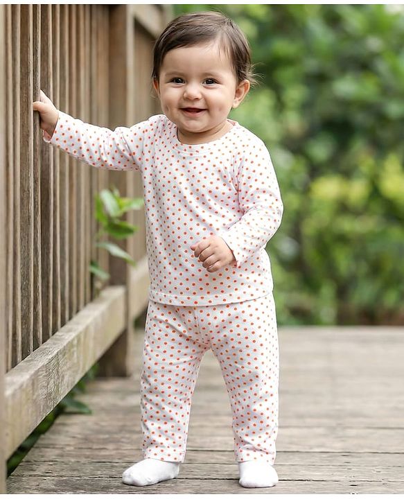 Babyhug Cotton Knit Full Sleeves T-Shirt & Pyjama Co-ord Night Suit With Polka Dot Print - White