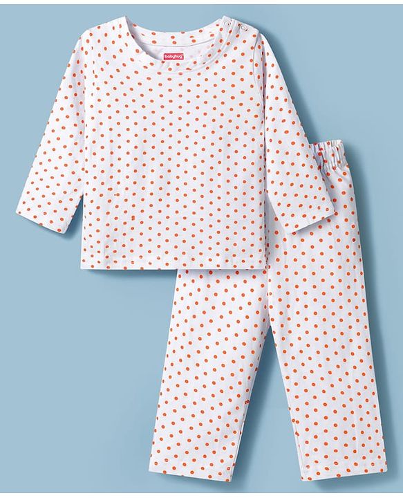 Babyhug Cotton Knit Full Sleeves T-Shirt & Pyjama Co-ord Night Suit With Polka Dot Print - White