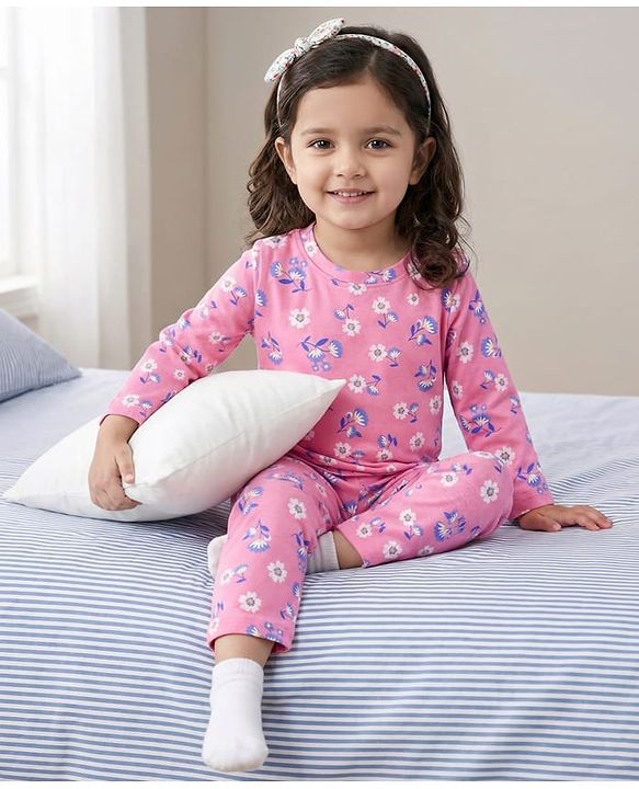 Babyhug Cotton Knit Full Sleeves T-Shirt & Pyjama Co-ord Night Suit With Floral Print - Pink