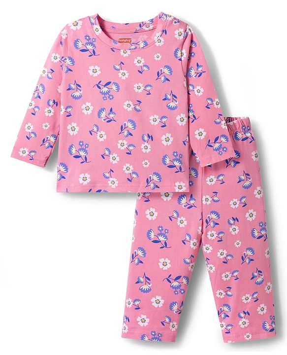 Babyhug Cotton Knit Full Sleeves T-Shirt & Pyjama Co-ord Night Suit With Floral Print - Pink