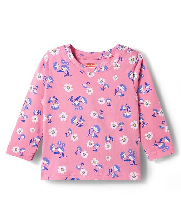 Babyhug Cotton Knit Full Sleeves T-Shirt & Pyjama Co-ord Night Suit With Floral Print - Pink