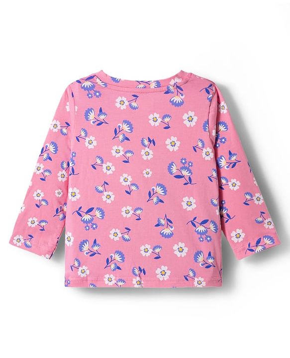 Babyhug Cotton Knit Full Sleeves T-Shirt & Pyjama Co-ord Night Suit With Floral Print - Pink