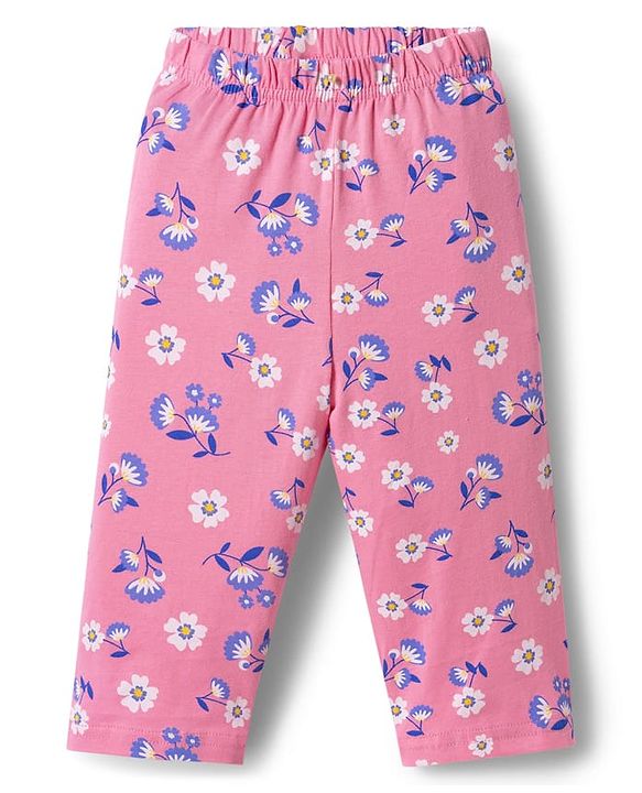 Babyhug Cotton Knit Full Sleeves T-Shirt & Pyjama Co-ord Night Suit With Floral Print - Pink