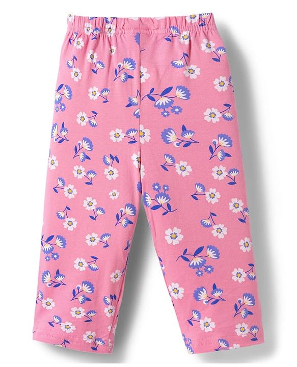 Babyhug Cotton Knit Full Sleeves T-Shirt & Pyjama Co-ord Night Suit With Floral Print - Pink