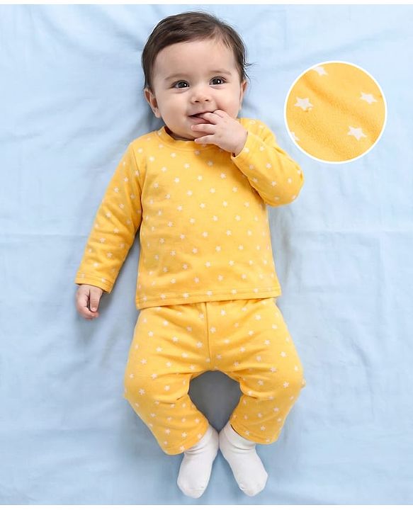 Babyhug Cotton Knit Full Sleeves T-Shirt & Pyjama Co-ord Night Suit With Star Print - Yellow