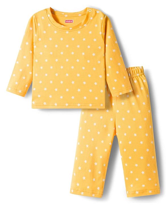 Babyhug Cotton Knit Full Sleeves T-Shirt & Pyjama Co-ord Night Suit With Star Print - Yellow