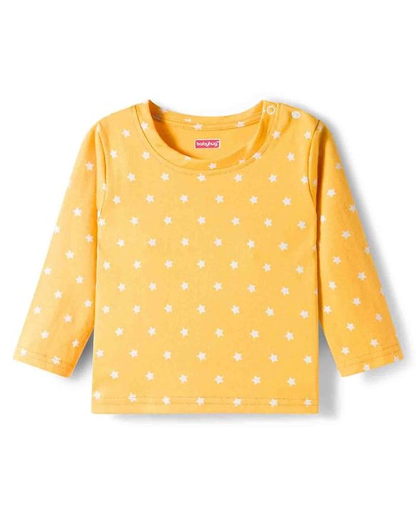 Babyhug Cotton Knit Full Sleeves T-Shirt & Pyjama Co-ord Night Suit With Star Print - Yellow