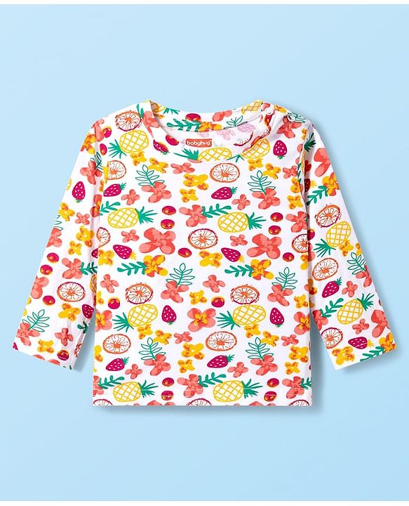 Babyhug Cotton Knit Full Sleeves T-Shirt & Pyjama Co-ord Night Suit With Floral & Fruit Print - White