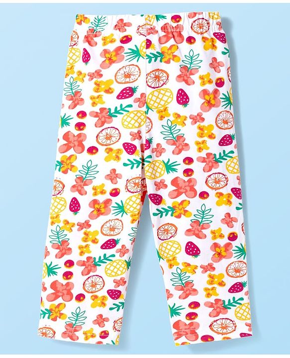 Babyhug Cotton Knit Full Sleeves T-Shirt & Pyjama Co-ord Night Suit With Floral & Fruit Print - White