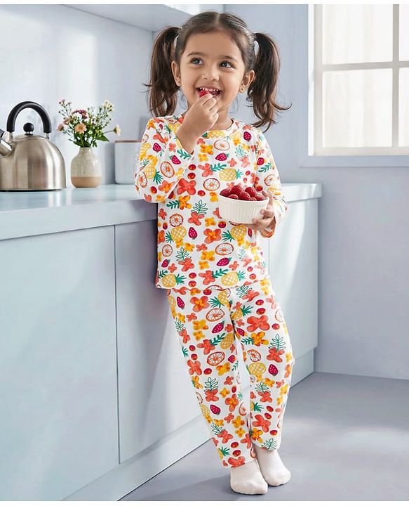 Babyhug Cotton Knit Full Sleeves T-Shirt & Pyjama Co-ord Night Suit With Floral & Fruit Print - White