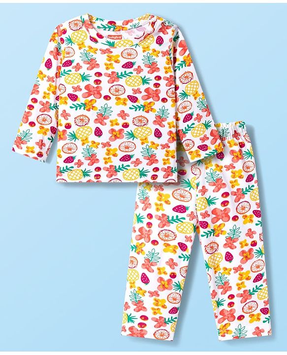 Babyhug Cotton Knit Full Sleeves T-Shirt & Pyjama Co-ord Night Suit With Floral & Fruit Print - White