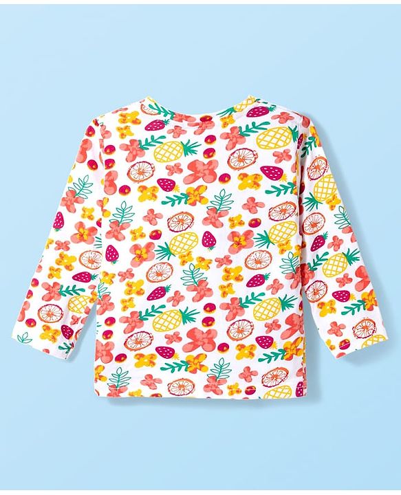 Babyhug Cotton Knit Full Sleeves T-Shirt & Pyjama Co-ord Night Suit With Floral & Fruit Print - White