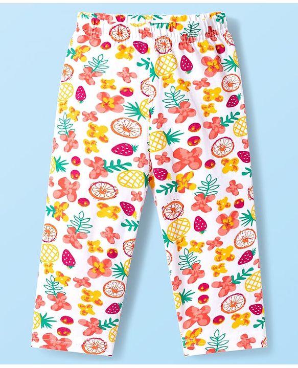 Babyhug Cotton Knit Full Sleeves T-Shirt & Pyjama Co-ord Night Suit With Floral & Fruit Print - White