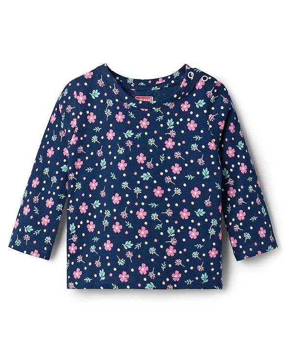 Babyhug Cotton Knit Full Sleeves T-Shirt & Pyjama Co-ord Night Suit With Floral Print - Navy Blue