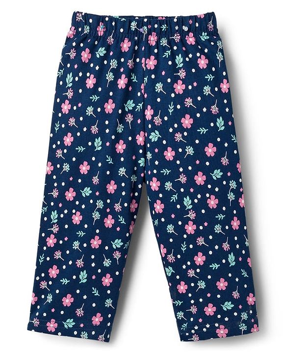 Babyhug Cotton Knit Full Sleeves T-Shirt & Pyjama Co-ord Night Suit With Floral Print - Navy Blue