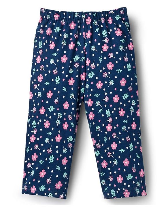 Babyhug Cotton Knit Full Sleeves T-Shirt & Pyjama Co-ord Night Suit With Floral Print - Navy Blue