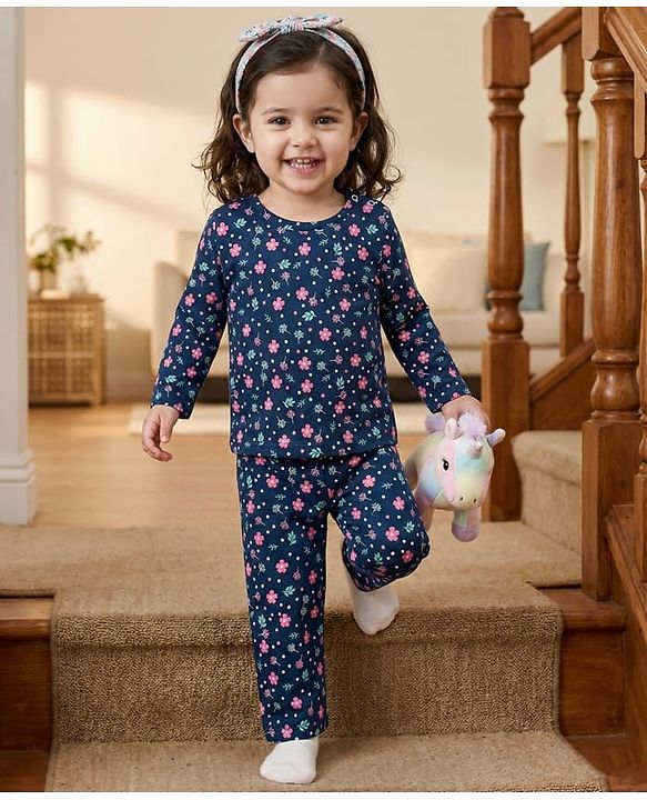 Babyhug Cotton Knit Full Sleeves T-Shirt & Pyjama Co-ord Night Suit With Floral Print - Navy Blue