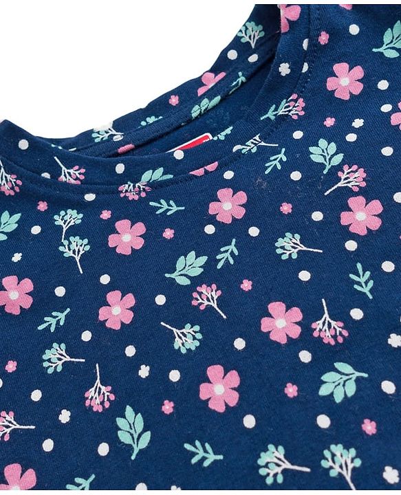 Babyhug Cotton Knit Full Sleeves T-Shirt & Pyjama Co-ord Night Suit With Floral Print - Navy Blue