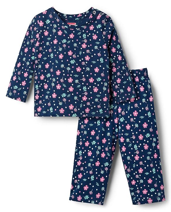 Babyhug Cotton Knit Full Sleeves T-Shirt & Pyjama Co-ord Night Suit With Floral Print - Navy Blue