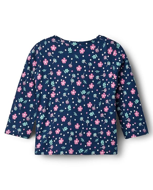 Babyhug Cotton Knit Full Sleeves T-Shirt & Pyjama Co-ord Night Suit With Floral Print - Navy Blue