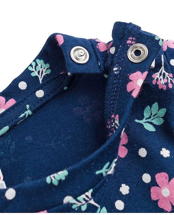 Babyhug Cotton Knit Full Sleeves T-Shirt & Pyjama Co-ord Night Suit With Floral Print - Navy Blue