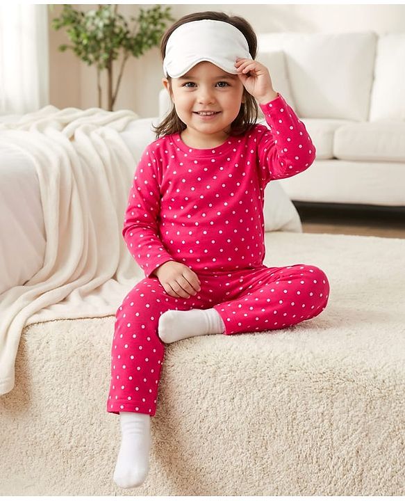 Babyhug Cotton Knit Full Sleeves T-Shirt & Pyjama Co-ord Night Suit With Polka Dot Print - Red