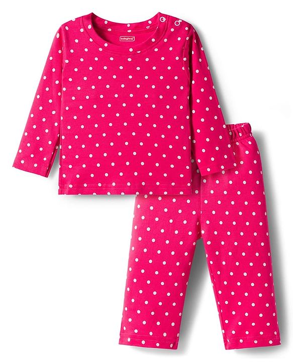 Babyhug Cotton Knit Full Sleeves T-Shirt & Pyjama Co-ord Night Suit With Polka Dot Print - Red
